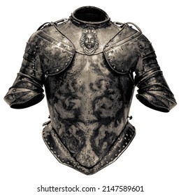 The Torso Section, Or Cuirass, Of A Medieval Suit Of Armor, Isolated On A White Background
