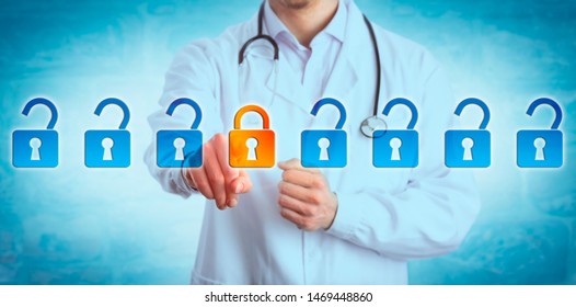 Torso of young, attractive doctor is locking one virtual lock in a lineup of open padlocks. Healthcare IT concept for cyber security, critical data streaming, personal information, encryption.