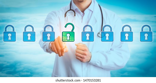 Torso Of Young Doctor Unlocking One Virtual Lock In A Lineup Of Eight Padlocks Above Cloudscape. Concept For Information Security, Health Care Records Privacy, Secure Access, Regulatory Compliance.