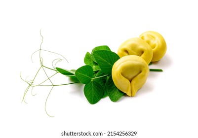 Tortellini Isolated. Agnolotti, Cappelletti, Italian Dumplings, Stuffed Pasta, Yellow Tortelloni, Handmade Ravioli, Cappelletti, Uszka On White Background