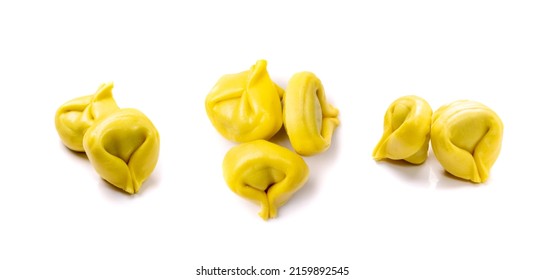 Tortellini Isolated. Agnolotti, Cappelletti, Italian Dumplings, Stuffed Pasta, Yellow Tortelloni, Handmade Ravioli, Cappelletti, Uszka On White Background