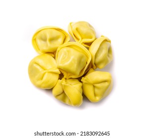 Tortellini Isolated. Agnolotti, Cappelletti, Italian Dumplings, Stuffed Pasta, Yellow Tortelloni, Handmade Ravioli, Cappelletti, Uszka On White Background Top View