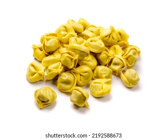 Tortellini Isolated. Agnolotti, Cappelletti, Italian Dumplings, Stuffed Pasta, Yellow Tortelloni, Handmade Ravioli, Cappelletti, Uszka On White Background