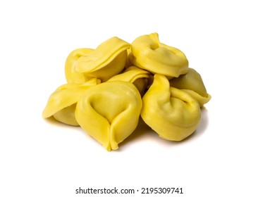 Tortellini Isolated. Agnolotti, Cappelletti, Italian Dumplings, Stuffed Pasta, Yellow Tortelloni, Handmade Ravioli, Cappelletti, Uszka On White Background