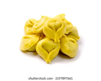 Tortellini Isolated. Agnolotti, Cappelletti, Italian Dumplings, Stuffed Pasta, Yellow Tortelloni, Handmade Ravioli, Cappelletti, Uszka On White Background