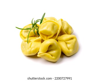 Tortellini Isolated. Agnolotti, Cappelletti, Italian Dumplings, Stuffed Pasta, Yellow Tortelloni, Handmade Ravioli, Cappelletti, Uszka On White Background