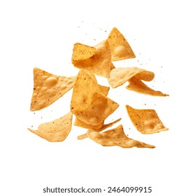 Tortilla chips captured in mid-air, creating a dynamic composition of flying snack pieces isolated - Powered by Shutterstock