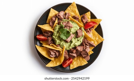 Tortilla Chips: Crispy yellow chips topped with creamy green guacamole, chunks of cooked meat, red tomato slices, and fresh cilantro, set on a white background. - Powered by Shutterstock