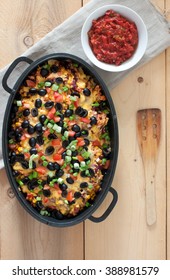 Tortilla Chips Nachos With Melted Cheese, Shredded Chicken, Green Onions, Tomato, Black Olives, Corn And Salsa.