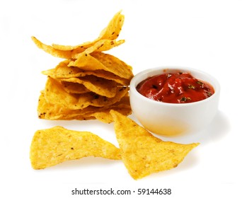 Tortilla Chips With Salsa Dip Isolated On White Background