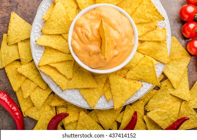 Tortilla Chips With Two Dips, Chilli Hot And Cheese Dip