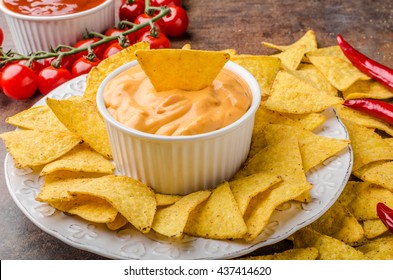 Tortilla Chips With Two Dips, Chilli Hot And Cheese Dip