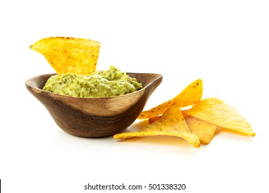 Tortilla Chips. Wooden Bowl Of Guacamole With Nachos Isolated On White Background