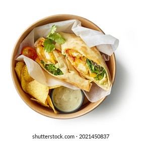 tortilla with fried chicken in take away cardboard box isolated on white background, top view