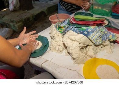 Tortilla Making Process In Nicaragua. Traditional Food Of Latin America.
