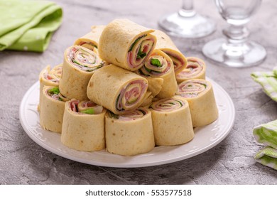 Tortilla Roll Ups With Ham, Cream Cheese And Lettuce