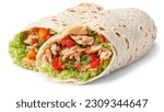 Tortilla wrap with fried chicken meat and vegetables isolated on white background