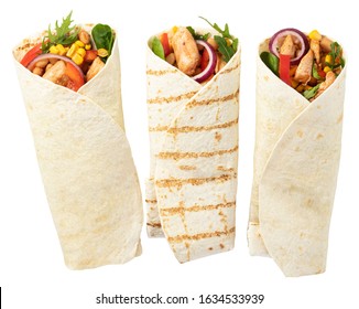 Tortilla wrap with fried chicken meat and vegetables isolated on white background.
