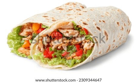 Tortilla wrap with fried chicken meat and vegetables isolated on white background