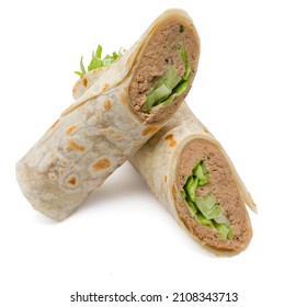 Tortilla Wrap Roll Sandwich With Tuna  And Green Salad Lettuce, Cucumber White Background 