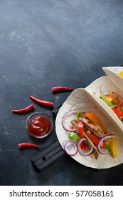 Tortillas With Pork Fajitas, Scratched Metal Surface, Copy Space