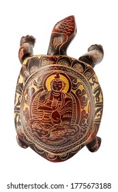 Tortoise With A Buddha Image On A Shell, Isolated On A White Background. View From Above.