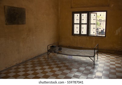 Torture Bed In Prison Cell. The  In Cambodia. Khmer Rouge. Pol Pot Regime