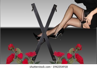 Torture Cross, SM Cross or St. Andrew's Cross. For the BDSM scene with red roses 