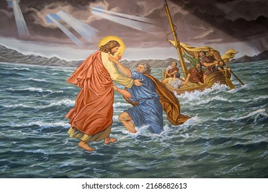Torun, Poland, May 10, 2022: Inside the Sanctuary of the Blessed Virgin Mary, Star of the New Evangelization and St. John Paul II in Torun. A painting showing walking on water.