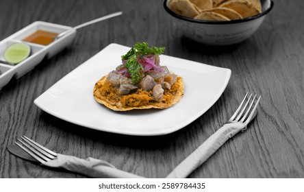 tostada with marlin, tuna fish, purple onions, to topos and salsas - Powered by Shutterstock - Get 15% off with code: PIKWIZARD15