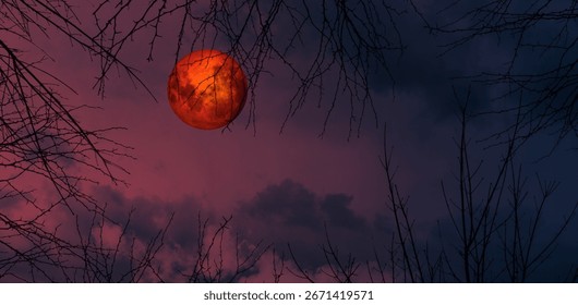 A total lunar eclipse, in which the Moon appears red. The Earth passes between the Sun and the Moon, leaving the Moon completely in the shadow of the Earth.