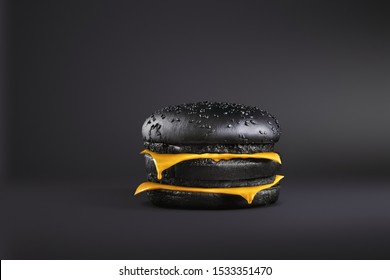 Total Painted in black burger with melting cheese. Painted food concept poster. Black friday sale. surrealism of food