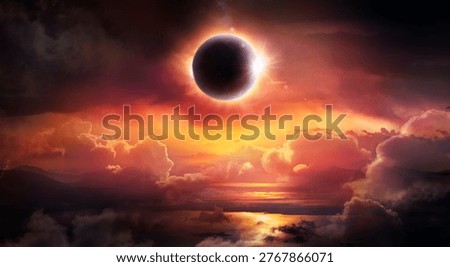 Total Solar Eclipse - Annular Shadow Of Moon With Red Clouds At Sunset On Ocean - Abstract Fantasy Composition With Lights Flare Effect