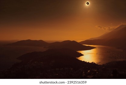 Total solar eclipse in dark red sky above mountains, sea and small town. Eclipse is mysterious natural phenomenon when Moon passes between planet Earth and Sun