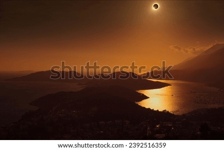Total solar eclipse in dark red sky above mountains, sea and small town. Eclipse is mysterious natural phenomenon when Moon passes between planet Earth and Sun