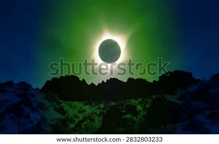 Total solar eclipse featuring a black sun disk with a yellow-green corona halo over rugged rocky mountains and a deep blue sky. Perfect for astronomy themes, science backgrounds, and dramatic nature designs.