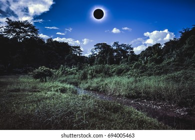 Total solar eclipse glowing on sky above wilderness in forest. Amazing scientific natural phenomenon when moon passes between planet earth and sun. Serenity nature background.
