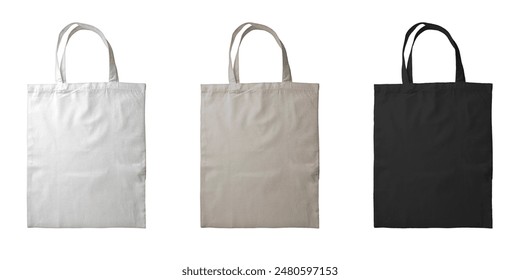 Tote bag canvas eco friendly shopping bag mockup, white beige black colors on isolated white background.