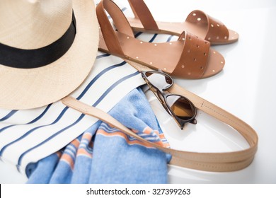 Tote Bag With Summer Beach Essentials, Hat, Towel, Sunglasses, Sandals.