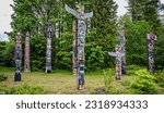 Totem Poles at Brockton Point in Stanley Park in Vancouver, British Columbia, Canada on 31 May 2023