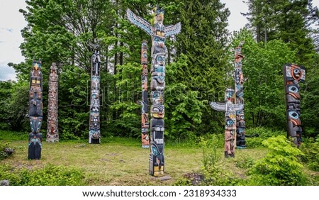 Totem Poles at Brockton Point in Stanley Park in Vancouver, British Columbia, Canada on 31 May 2023