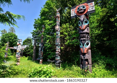 The Totem poles located in Stanley Park, Vancouver, BC.