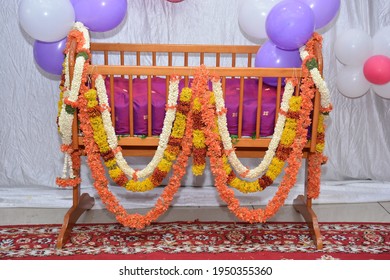 Tottilu Decorated With Flower Garlands In South Indian Baby Naming Ceremony Rituals, Baby Cradle, Crib