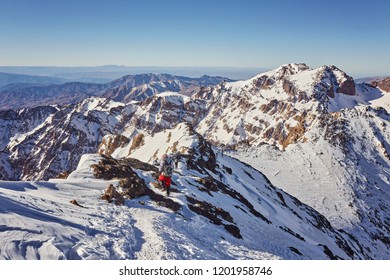 Toubkal national park, the peak whit 4,167m is the highest in the Atlas mountains and North Africa, trekking trail panoramic view. Morocco