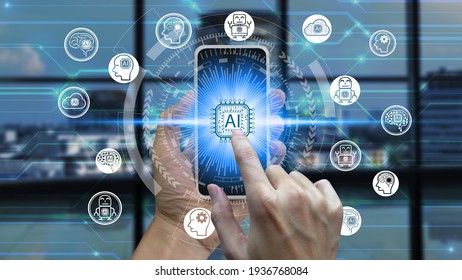 Touch Artificial Intelligence (AI) technology icon over the Network connection, Artificial Intelligence Technology Concept