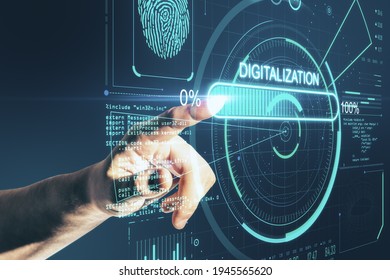 Touch the future concept with man finger on virtual touch screen with loading bar element icon and programming code - Powered by Shutterstock