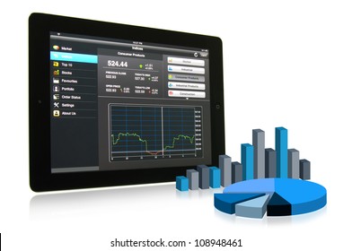 Touch pad showing financial data with 3D chart and graph - Powered by Shutterstock