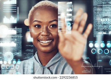 Touch screen, hologram and black woman with digital data analytics, statistics or info. Holographic, futuristic or happy business person with overlay of trading charts, ui or ux with hand interaction - Powered by Shutterstock