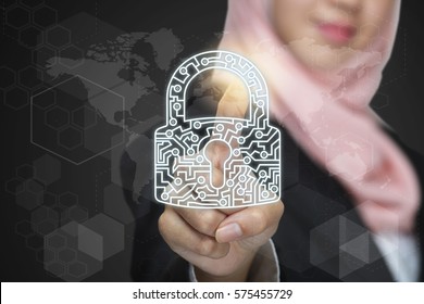 Touch screen interface with padlock as Cyber Security concept