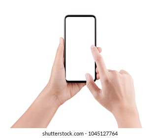 Touch screen mobile phone, in hand with clipping path, Woman typing on mobile phone isolated on white background and holding a modern smartphone and pointing with figer. - Shutterstock ID 1045127764